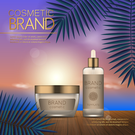 Summer cosmetic template on the sunset beach with exotic palm leaves background. Realistic 3D designのイラスト素材