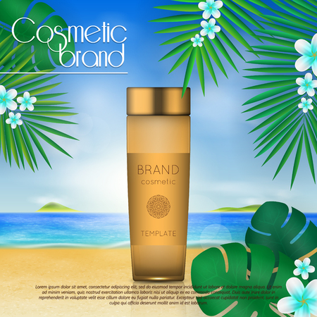 Summer sunblock cosmetic design template on beach background with exotic palm leaves. 3D realistic sun protection and sunscreen product adsのイラスト素材