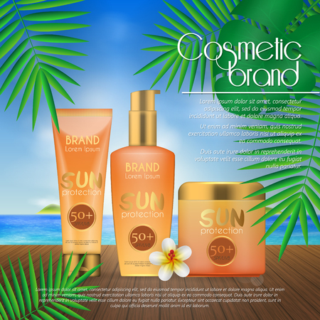 Summer sunblock cosmetic design template on beach background with exotic palm leaves. 3D realistic sun protection and sunscreen product adsのイラスト素材