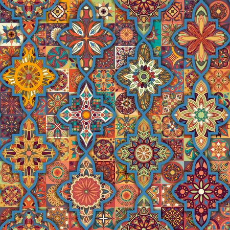 Ethnic floral mandala seamless pattern. Colorful mosaic backgroundのイラスト素材