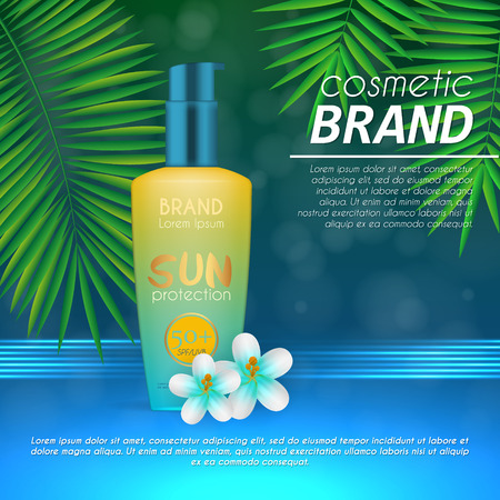 Summer sunblock cosmetic design template on abstract blue background with exotic palm leaves. Realistic sun protection and sunscreen product adsのイラスト素材
