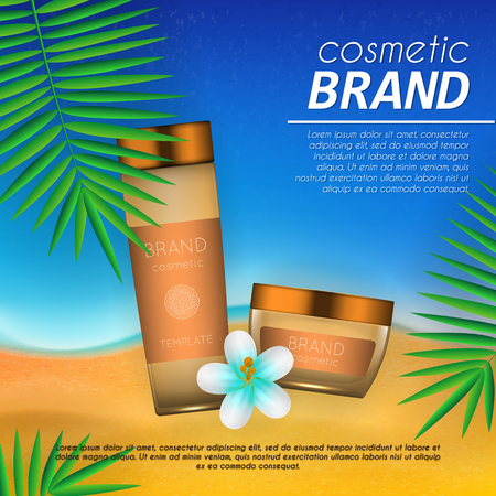 Summer sunblock cosmetic design template on beach background with exotic palm leaves. Realistic sun protection and sunscreen product adsのイラスト素材
