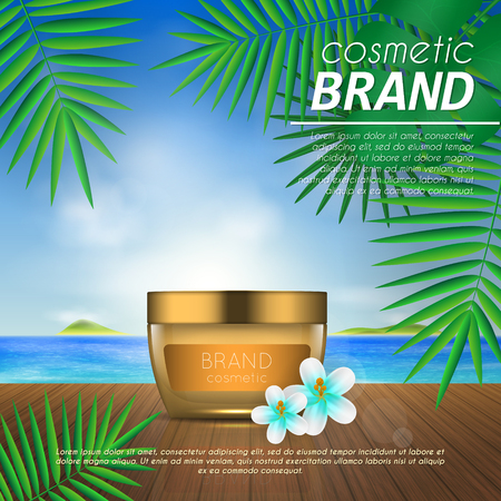 Summer sunblock cosmetic design template on beach background with exotic palm leaves. 3D realistic sun protection and sunscreen product adsのイラスト素材