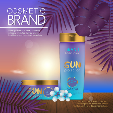 Summer cosmetic template on the sunset beach with exotic palm leaves background. Realistic 3D designのイラスト素材