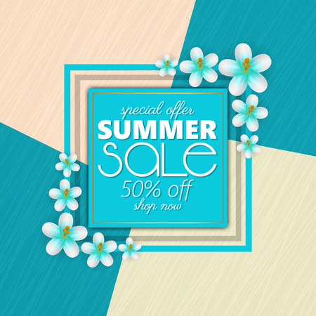 Summer sale banner, poster template with realistic 3d flowers . Floral colorful abstract backgroundのイラスト素材