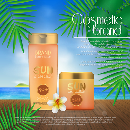 Summer sunblock cosmetic design template on beach background with exotic palm leaves. 3D realistic sun protection and sunscreen product adsのイラスト素材