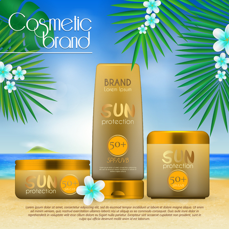 Summer sunblock cosmetic design template on beach background with exotic palm leaves. 3D realistic sun protection and sunscreen product adsのイラスト素材