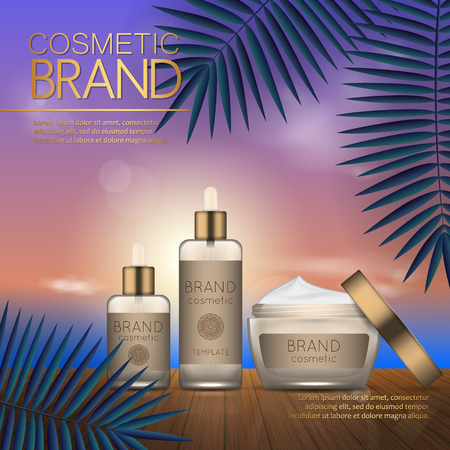 Summer cosmetic template on the sunset beach with exotic palm leaves background. Realistic 3D designのイラスト素材