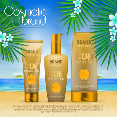 Summer sunblock cosmetic design template on beach background with exotic palm leaves. 3D realistic sun protection and sunscreen product adsのイラスト素材