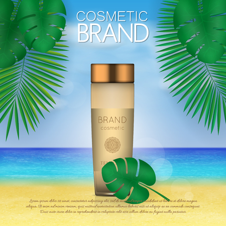 Summer sunblock cosmetic design template on beach background with exotic palm leaves. 3D realistic sun protection and sunscreen product adsのイラスト素材