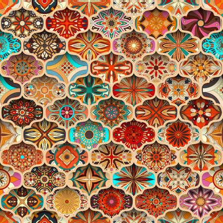 Ethnic floral mandala seamless pattern. Colorful mosaic backgroundのイラスト素材