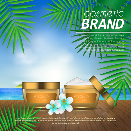Summer sunblock cosmetic design template on beach background with exotic palm leaves. 3D realistic sun protection and sunscreen product adsのイラスト素材