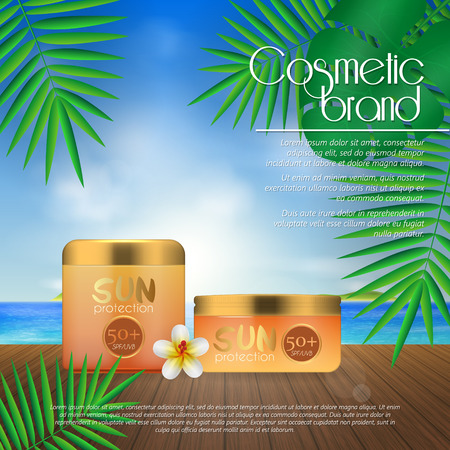 Summer sunblock cosmetic design template on beach background with exotic palm leaves. 3D realistic sun protection and sunscreen product adsのイラスト素材