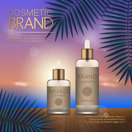 Summer cosmetic template on the sunset beach with exotic palm leaves background. Realistic 3D designのイラスト素材