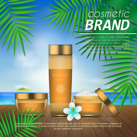 Summer sunblock cosmetic design template on beach background with exotic palm leaves. 3D realistic sun protection and sunscreen product adsのイラスト素材