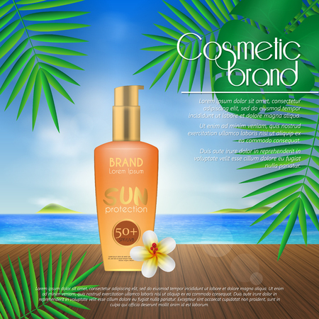 Summer sunblock cosmetic design template on beach background with exotic palm leaves. 3D realistic sun protection and sunscreen product adsのイラスト素材