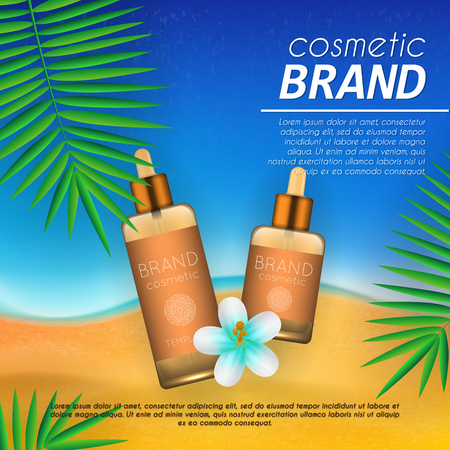 Summer sunblock cosmetic design template on beach background with exotic palm leaves. Realistic sun protection and sunscreen product adsのイラスト素材