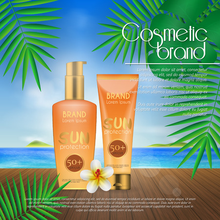 Summer sunblock cosmetic design template on beach background with exotic palm leaves. 3D realistic sun protection and sunscreen product adsのイラスト素材