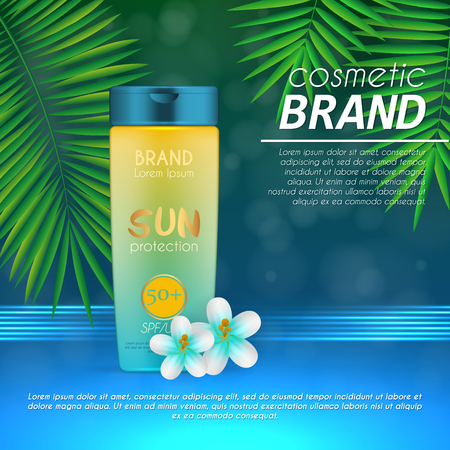 Summer sunblock cosmetic design template on abstract blue background with exotic palm leaves. Realistic sun protection and sunscreen product adsのイラスト素材