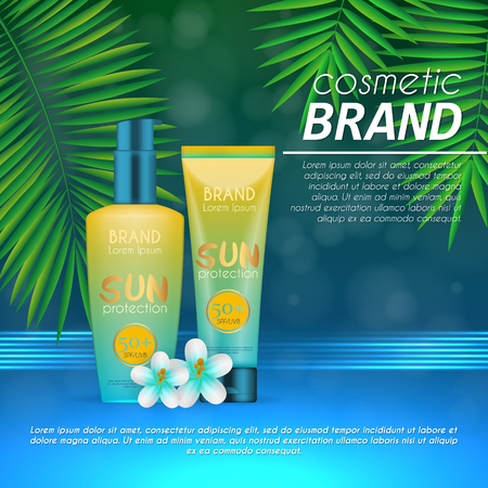 Summer sunblock cosmetic design template on abstract blue background with exotic palm leaves. Realistic sun protection and sunscreen product adsのイラスト素材