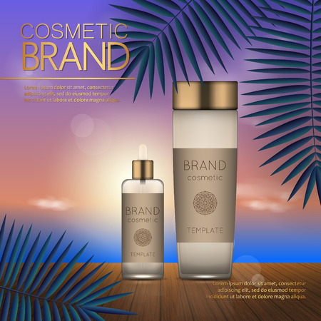 Summer cosmetic template on the sunset beach with exotic palm leaves background. Realistic 3D designのイラスト素材