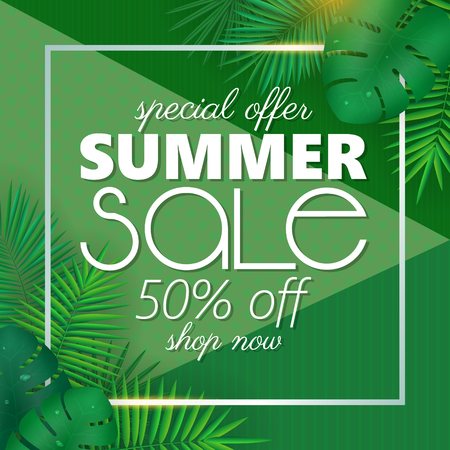 Summer sale banner, poster template with palm leaves and jungle leaf . Floral tropical summer backgroundのイラスト素材
