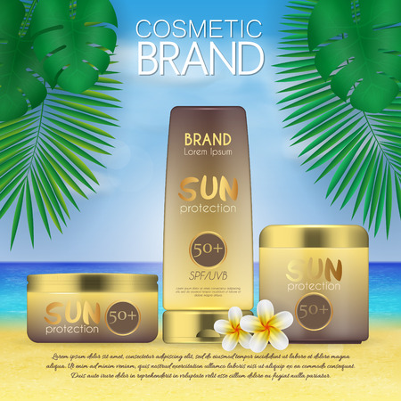 Summer sunblock cosmetic design template on beach background with exotic palm leaves. 3D realistic sun protection and sunscreen product adsのイラスト素材