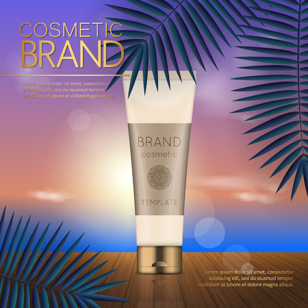 Summer cosmetic template on the sunset beach with exotic palm leaves background. Realistic 3D designのイラスト素材