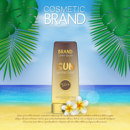 Summer sunblock cosmetic design template on beach background with exotic palm leaves. 3D realistic sun protection and sunscreen product adsのイラスト素材