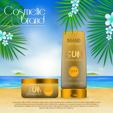 Summer sunblock cosmetic design template on beach background with exotic palm leaves. 3D realistic sun protection and sunscreen product adsのイラスト素材