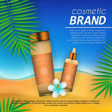 Summer sunblock cosmetic design template on beach background with exotic palm leaves. Realistic sun protection and sunscreen product adsのイラスト素材