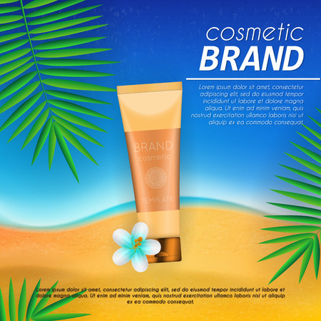Summer sunblock cosmetic design template on beach background with exotic palm leaves. Realistic sun protection and sunscreen product adsのイラスト素材