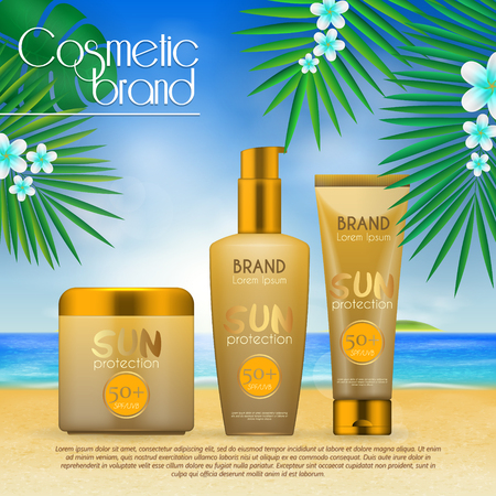 Summer sunblock cosmetic design template on beach background with exotic palm leaves. 3D realistic sun protection and sunscreen product adsのイラスト素材