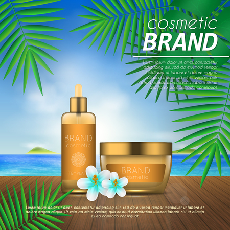 Summer sunblock cosmetic design template on beach background with exotic palm leaves. 3D realistic sun protection and sunscreen product adsのイラスト素材