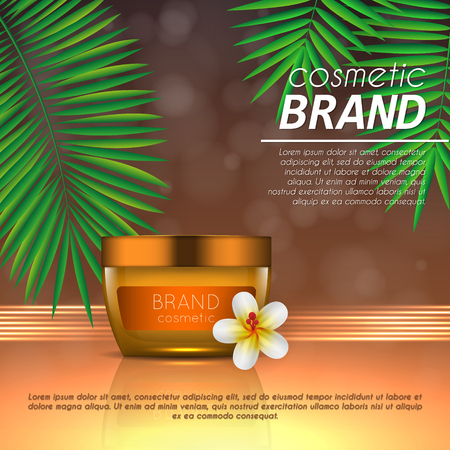 Summer sunblock cosmetic design template on abstract orange background with exotic palm leaves. Realistic sun protection and sunscreen product adsのイラスト素材
