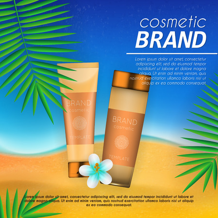 Summer sunblock cosmetic design template on beach background with exotic palm leaves. Realistic sun protection and sunscreen product adsのイラスト素材