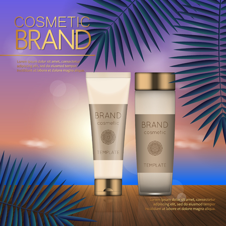 Summer cosmetic template on the sunset beach with exotic palm leaves background. Realistic 3D designのイラスト素材