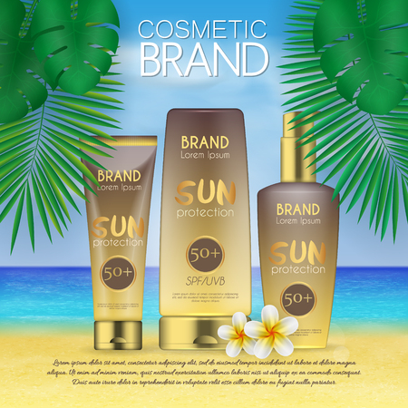 Summer sunblock cosmetic design template on beach background with exotic palm leaves. 3D realistic sun protection and sunscreen product adsのイラスト素材