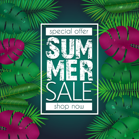 Summer sale banner, poster template with palm leaves and jungle leaf . Floral tropical summer backgroundのイラスト素材