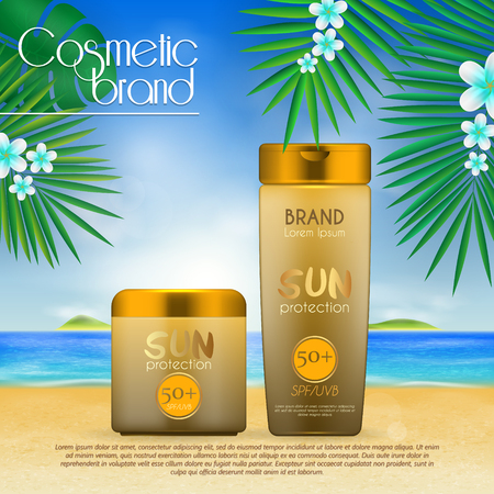 Summer sunblock cosmetic design template on beach background with exotic palm leaves. 3D realistic sun protection and sunscreen product adsのイラスト素材