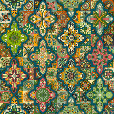 Ethnic floral mandala seamless pattern. Colorful mosaic backgroundのイラスト素材