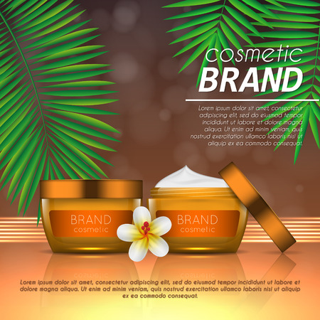 Summer sunblock cosmetic design template on abstract orange background with exotic palm leaves. Realistic sun protection and sunscreen product adsのイラスト素材