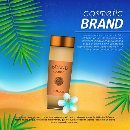 Summer sunblock cosmetic design template on beach background with exotic palm leaves. Realistic sun protection and sunscreen product adsのイラスト素材
