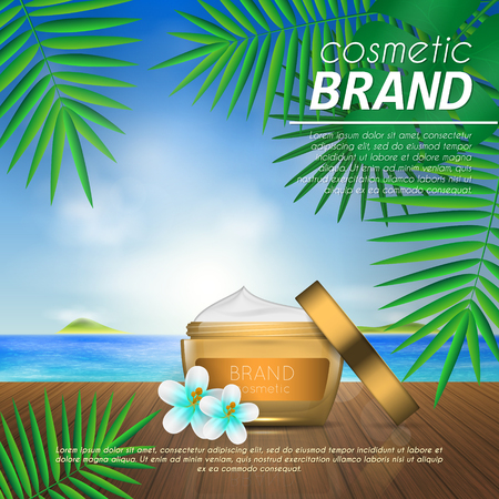 Summer sunblock cosmetic design template on beach background with exotic palm leaves. 3D realistic sun protection and sunscreen product adsのイラスト素材