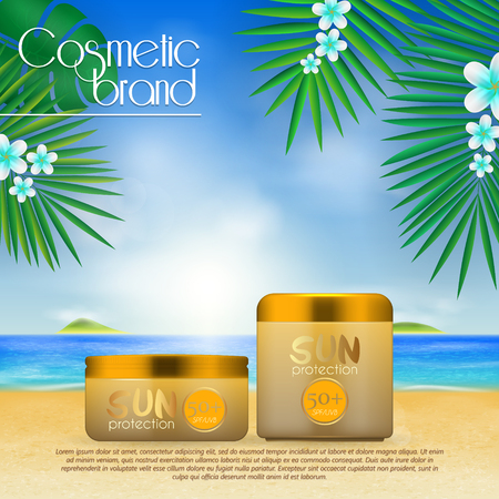 Summer sunblock cosmetic design template on beach background with exotic palm leaves. 3D realistic sun protection and sunscreen product adsのイラスト素材