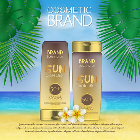 Summer sunblock cosmetic design template on beach background with exotic palm leaves. 3D realistic sun protection and sunscreen product adsのイラスト素材