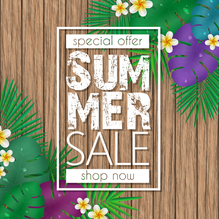 Summer sale banner, poster template with palm leaves, jungle leaf and flowers on wood backgroundのイラスト素材
