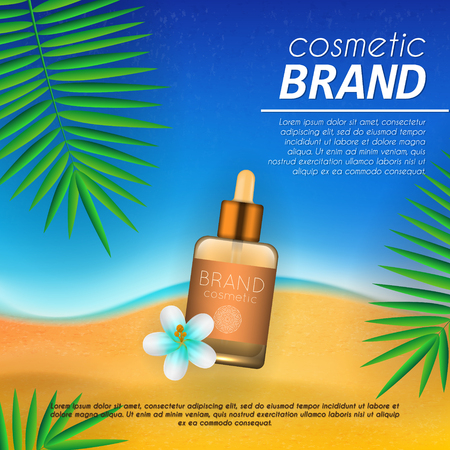 Summer sunblock cosmetic design template on beach background with exotic palm leaves. Realistic sun protection and sunscreen product adsのイラスト素材