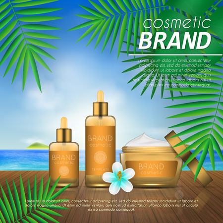 Summer sunblock cosmetic design template on beach background with exotic palm leaves. 3D realistic sun protection and sunscreen product adsのイラスト素材