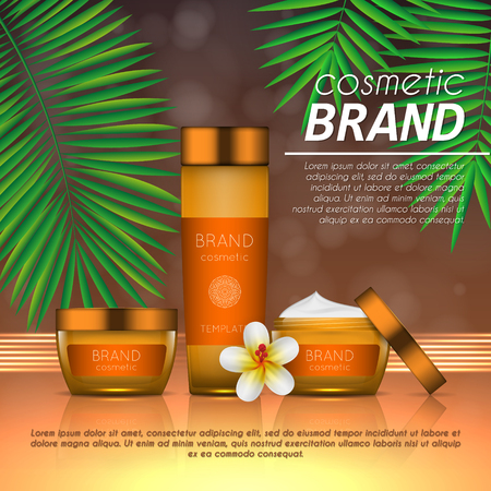 Summer sunblock cosmetic design template on abstract orange background with exotic palm leaves. Realistic sun protection and sunscreen product adsのイラスト素材